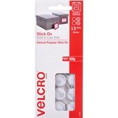 VELCRO STICK ON DOTS HOOK AND LOOP 16MM WHITE PACK 15